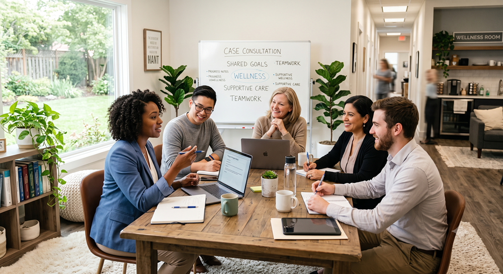 A supportive team of therapists collaborating in a healthy workplace environment