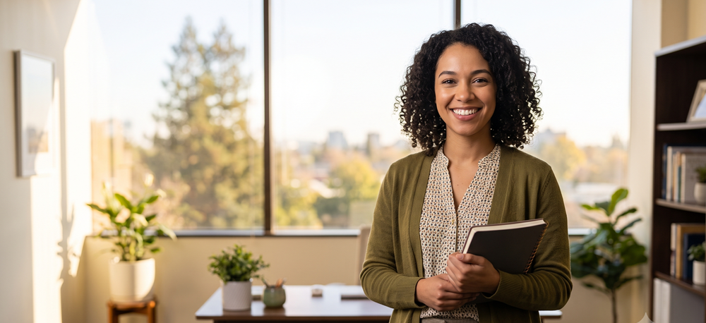 Smiling woman with curly hair stands in a bright office, holding a notebook to her chest.