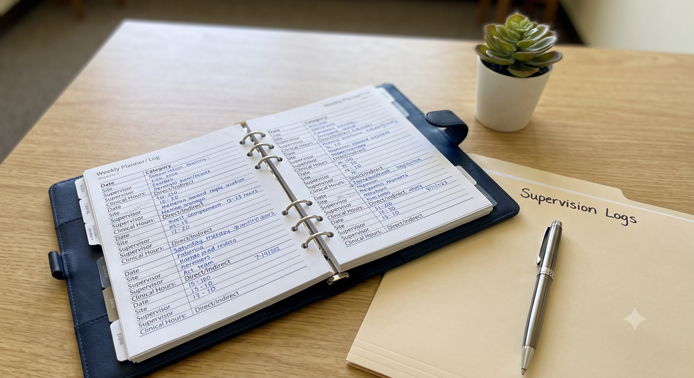 Clinical supervisor reviewing hour logs and documentation with an associate therapist