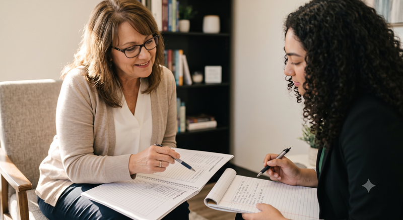 A clinical supervisor guiding an associate marriage and family therapist during supervision