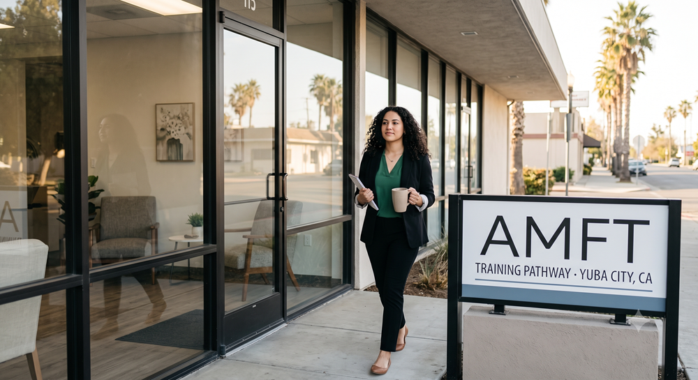 Woman in a blazer exits a glass-front office beside an AMFT Training Pathway sign in Yuba City, CA, holding a coffee mug and a notebook/folder.