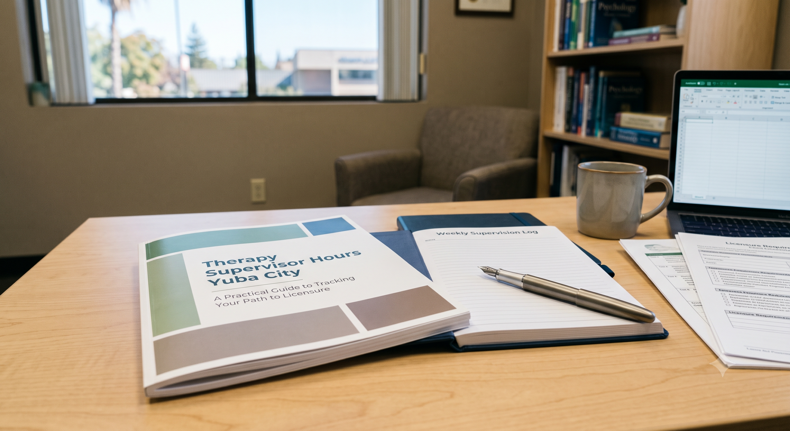 Open book on a wooden desk titled 'Therapy Supervisor Hours Yuba City' with color blocks and a pen nearby.