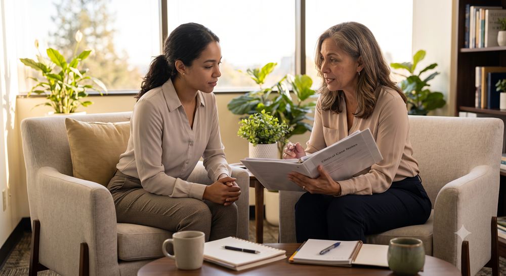 Associate therapist reviewing the different licensing pathways with a mentor