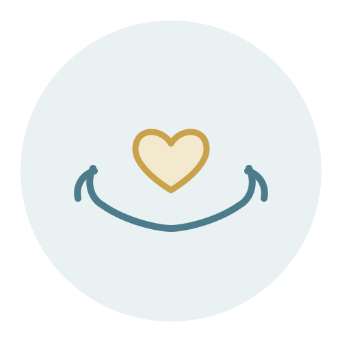 Smiling face icon: a gold heart forms the mouth on a light blue circular background.