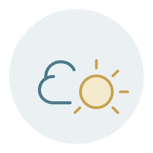 Sunny weather icon with a blue-outlined cloud and yellow sun on a pale background; partly cloudy