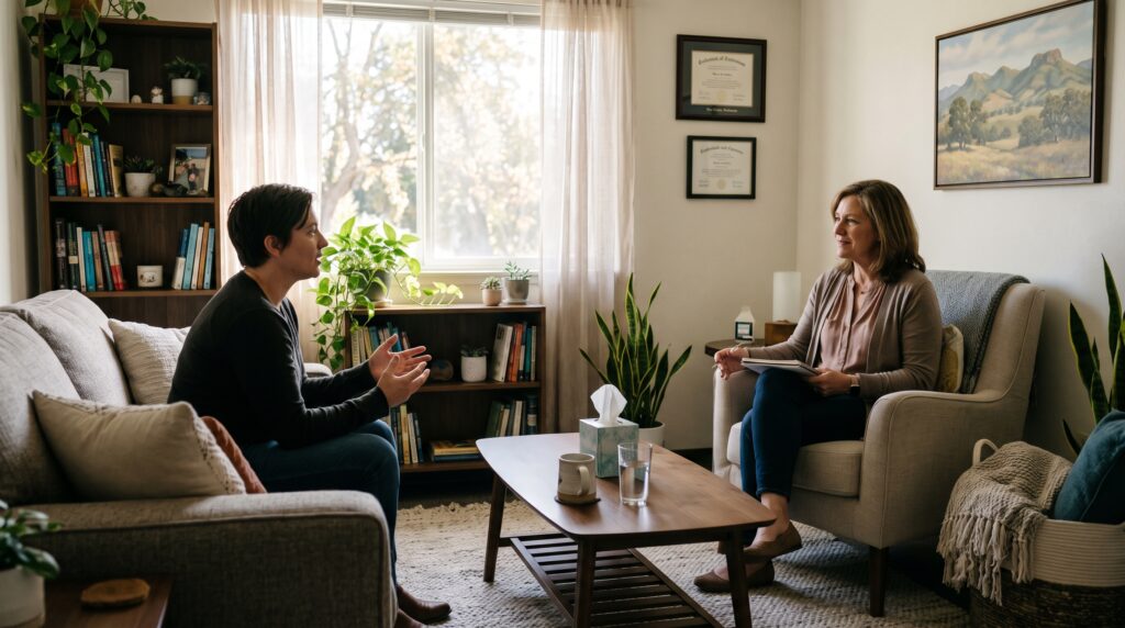 Person meeting a licensed therapist in a Yuba City counseling office