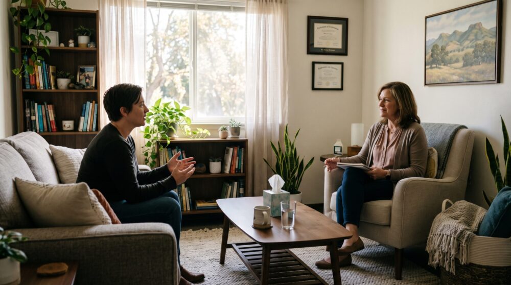Person meeting a licensed therapist in a Yuba City counseling office
